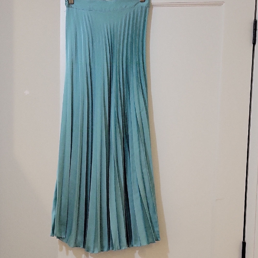 Zara Aqua Maxi Pleated Silk Skirt
